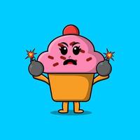 carino cartone animato Cupcake Tenere bomba con impaurito vettore