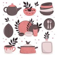 un' impostato di fatto a mano ceramica piatti. mestiere utensili per colazione, pranzo e cena, piatto, teiera, ciotola, tazza, casseruola. fatto a mano struttura. vettore illustrazione