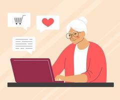 contento nonna con il computer portatile. gli anziani, in linea comunicazione, acquisti. vettore illustrazione con personaggio