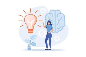 condivisione e ricerca attività commerciale idee. collaborazione di brainstorming e incontro di creativo creativo persone con leggero lampadina idee. scoperta creativo soluzioni per compiti, piatto vettore moderno illustrazione