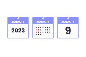 gennaio 9 calendario design icona. 2023 calendario orario, appuntamento, importante Data concetto vettore