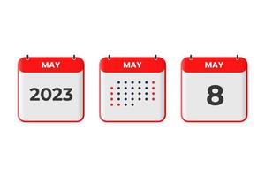 Maggio 8 calendario design icona. 2023 calendario orario, appuntamento, importante Data concetto vettore