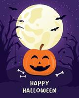 contento Halloween sfondo vettore illustrazione, volantino. Luna, alberi, ragni con Halloween zucca su viola sfondo.