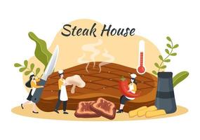 steakhouse di grigliato carne con succoso delizioso bistecca, insalata e pomodori per barbecue nel piatto cartone animato mano disegnato modello illustrazione vettore