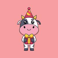 carino compleanno mucca cartone animato portafortuna scarabocchio arte mano disegnato concetto vettore kawaii icona illustrazione