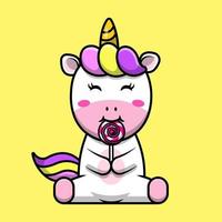 carino unicorno mangiare lecca-lecca cartone animato vettore icone illustrazione. piatto cartone animato concetto. adatto per qualunque creativo progetto.