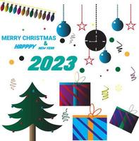 Natale e nuovo anno con il tema di un' regalo albero e luci.oro Natale e nuovo anno tipografici su buio sfondo con abete rami, regalo scatole, pino coni, stelle. vettore