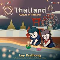 loy Krathong Festival cultura di Tailandia carino cartone animato coppia di bambini personaggio vettore illustrazione