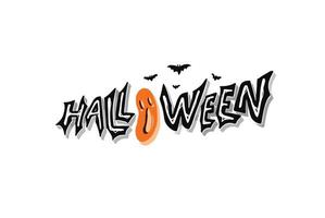 Halloween tipografia stile con arancia fantasma e volante pipistrello icona vettore