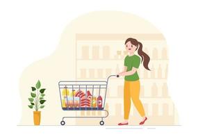 drogheria memorizzare o supermercato con cibo Prodotto scaffali, cremagliere latticini, frutta e bevande per shopping nel piatto cartone animato mano disegnato modelli illustrazione vettore