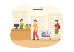 drogheria memorizzare o supermercato con cibo Prodotto scaffali, cremagliere latticini, frutta e bevande per shopping nel piatto cartone animato mano disegnato modelli illustrazione vettore