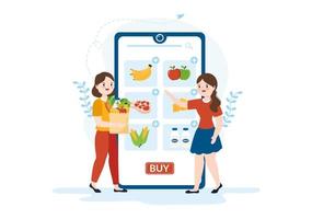 in linea drogheria memorizzare o supermercato per ordine quotidiano necessità o cibo attraverso il App nel piatto cartone animato mano disegnato modelli illustrazione vettore