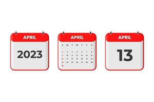 aprile 2023 calendario design. 13 ° aprile 2023 calendario icona per orario, appuntamento, importante Data concetto vettore