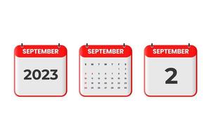 settembre 2023 calendario design. 2 ° settembre 2023 calendario icona per orario, appuntamento, importante Data concetto vettore