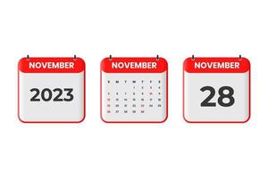 novembre 2023 calendario design. 28th novembre 2023 calendario icona per orario, appuntamento, importante Data concetto vettore