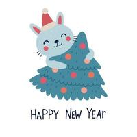 carino coniglietto con Natale albero e lettering contento nuovo anno. vettore illustrazione
