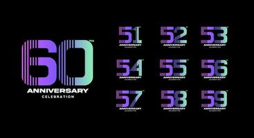 impostato di colorato anniversario logotipo. 51, 52, 53, 54, 55, 56, 57, 58, 59, 60 vettore