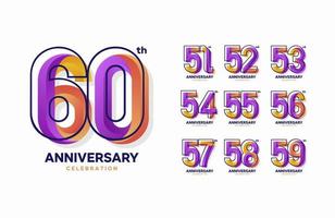 impostato di colorato anniversario logotipo. 51, 52, 53, 54, 55, 56, 57, 58, 59, 60 vettore