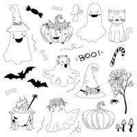 Halloween impostare. carino fantasmi, zucche, pipistrelli e di strega cappello, calderone di pozione, gatto, ossatura e funghi. scarabocchio elementi. può essere Usato nel colorazione libro per bambini. vettore