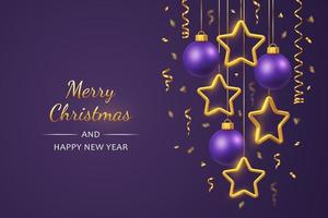 scintillante sospeso d'oro stelle e palle con coriandoli su viola sfondo. raggiante Natale saluto carta con copyspace. nuovo anno manifesto, copertina o bandiera modello. vacanza decorazione. vettore. vettore