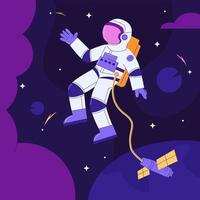 astronauta nel Aperto spazio contro il fondale di un' galassia circondato di stelle - vettore illustrazione, manifesto design.