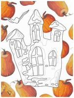 Vintage ▾ spaventoso castello con zucche scarabocchio stile colorazione libro colorazione pagina per bambini e adulti vettore