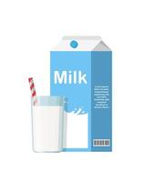 bicchiere di latte con timpano superiore pacchetto vicino su. mucca latte scatola di cartone e latte tazza isolato su bianca sfondo vettore