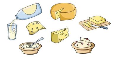 un' impostato di colorato icone. latteria prodotti, formaggio, Villetta formaggio e crema, vettore illustrazione nel cartone animato stile