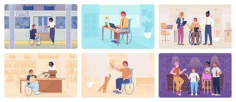 Disabilitato persona stile di vita 2d vettore isolato illustrazione impostare. sociale inclusione piatto personaggi su cartone animato sfondo. routine colorato modificabile scene collezione per mobile, sito web, presentazione