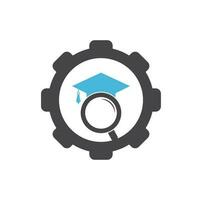 ricerca formazione scolastica Ingranaggio forma concetto logo. diplomato cappello e ingrandimento bicchiere logo design. alunno mirino vettore logo modello.