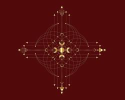 d'oro totem, sacro geometria, mistico frecce e mezzaluna Luna, oro tratteggiata Linee nel boho stile, wiccan icona, alchimia esoterico mistico Magia talismano. spirituale occultismo vettore isolato su rosso