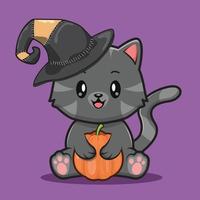 carino nero gatto con zucca e indossare strega cappello. Halloween cartone animato illustrazione concetto vettore