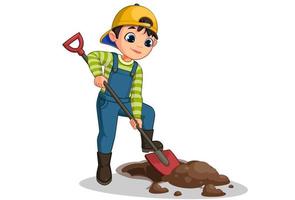cartone animato carino piccolo ragazzo scavando buca vettore