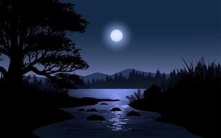 scena notturna con la luna sul paesaggio fluviale vettore