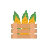 vettore illustrazione di maturo Mais pannocchie con le foglie nel un' di legno verdura scatola. piatto stile. Mais icona nel il scatola. raccolta. fresco verdure.