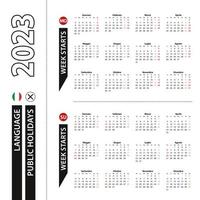 Due versioni di 2023 calendario nel italiano, settimana inizia a partire dal Lunedi e settimana inizia a partire dal domenica. vettore