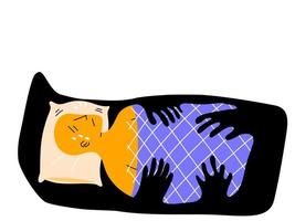 un' uomo è addormentato e ottenere incubo e dormire paralisi. dormire paralisi concetto, piatto vettore illustrazione.