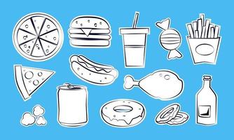 cartone animato comico adesivi collezione - veloce cibo icona impostato vettore
