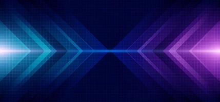 freccia blu e viola astratta che emette luce con illuminazione e griglia di linee su sfondo blu vettore