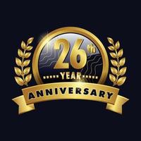 26th anniversario d'oro logo venti sei anni distintivo con numero 26 nastro, alloro ghirlanda vettore design