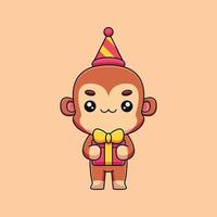 carino compleanno scimmia cartone animato portafortuna scarabocchio arte mano disegnato concetto vettore kawaii icona illustrazione