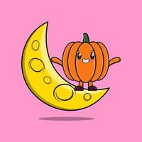 carino cartone animato zucca in piedi su il mezzaluna Luna vettore