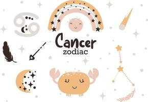 cancro zodiaco cartello clipart - carino bambini oroscopo, zodiaco stelle, costellazione, arcobaleno, pianeta, freccia e cometa isolato vettore illustrazione su bianca sfondo. carino vettore astrologico personaggio