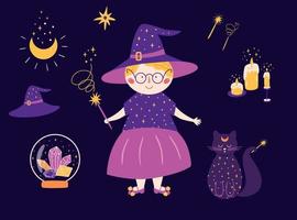 Magia impostato icona. strega Magia gatto, cristalli, cappello, Luna, bacchetta, candele. carino Halloween elemento. viola magico clip arte stregoneria isolato simboli. mano disegnato scarabocchio schizzo mago vettore illustrazione.