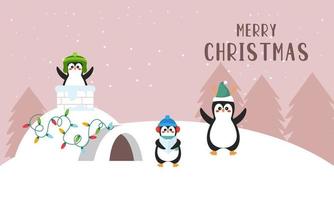 allegro Natale carta con carino inverno pinguini vettore illustrazione