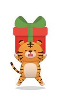 carino tigre personaggio portafortuna con Natale regalo, contento per celebrare Natale, vettore cartone animato stile