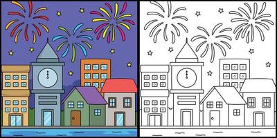 nuovo anno fuochi d'artificio colorazione pagina illustrazione vettore