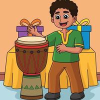 Kwanzaa ragazzo giocando djembe colorato cartone animato vettore
