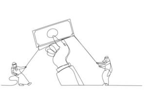 cartone animato di arabo uomo Tirare i soldi nel il mani di giganti. singolo continuo linea arte stile vettore
