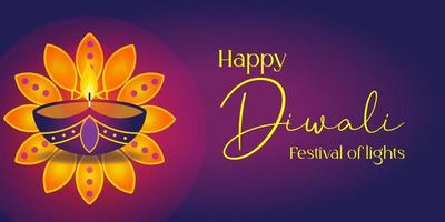 contento Diwali design con diya olio lampada elementi su viola rangoli sfondo. vettore